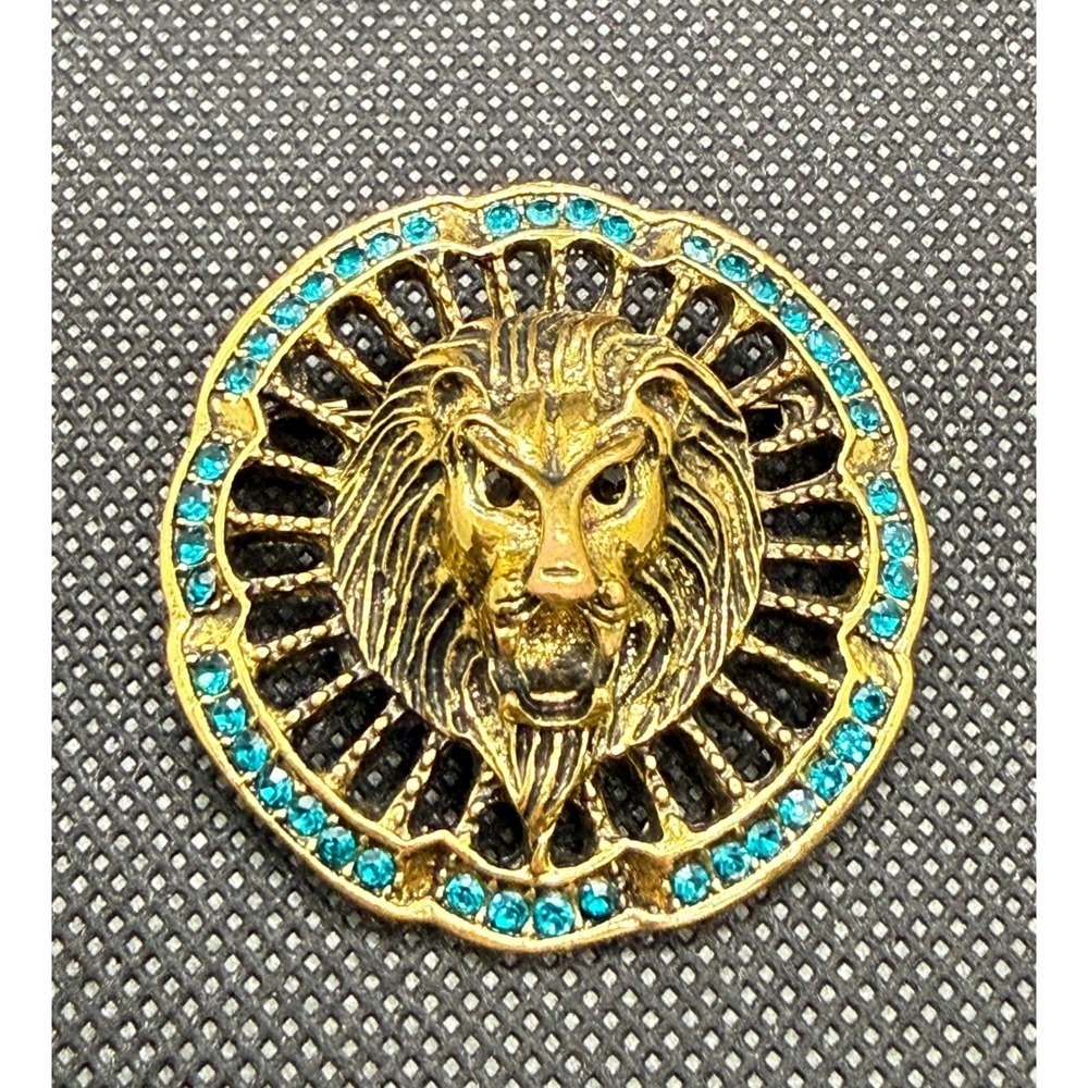 Gold Tone Lion Head Brooch Turquoise Rhinestone Sunburst Statement Pin Vintage
